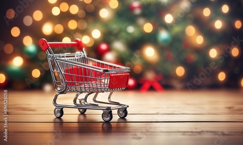 empty mini shopping cart on blur christmas background