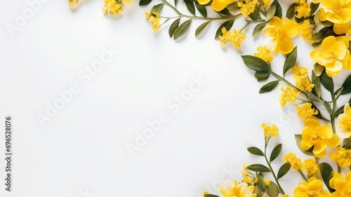 Yellow Flowers and Eucalyptus Leaves Pattern in Flat Lay © Kristian