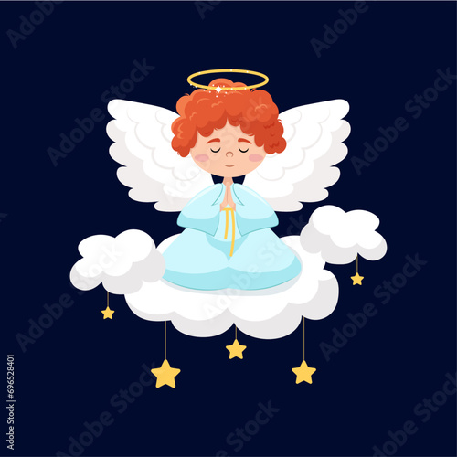 Angel with wings and halo in flat style. A little angel prays on a cloud with stars.