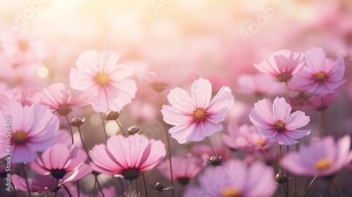 A bokeh texture with soft blur is used to create abstractsweet color cosmos flowers in a retro style background with pastel vintage and retro styles.