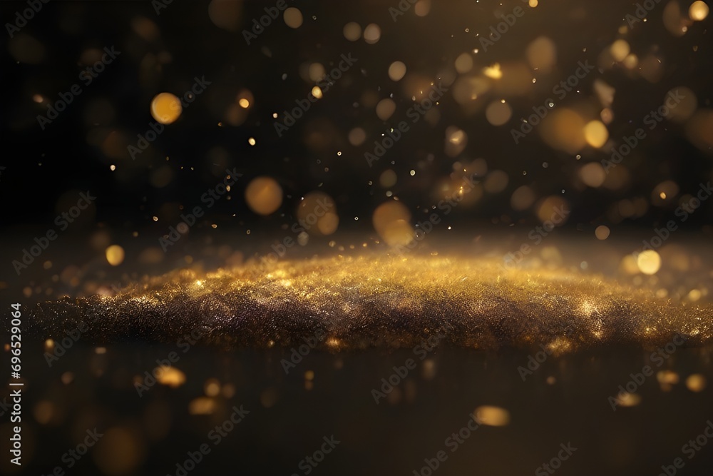 Golden luxury bokeh on particles floating in the air. Dust and glitter particles background. Black background , Use blending mode screen.  Generative Ai - obrazy, fototapety, plakaty 