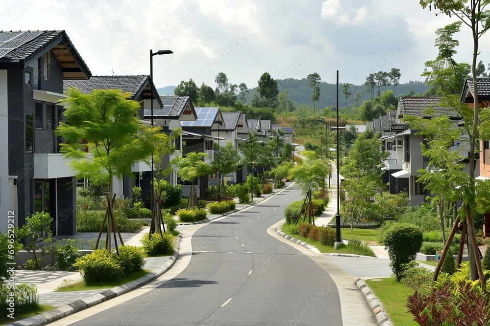 Eco-Friendly Suburban Street with Modern Solar-Powered Houses