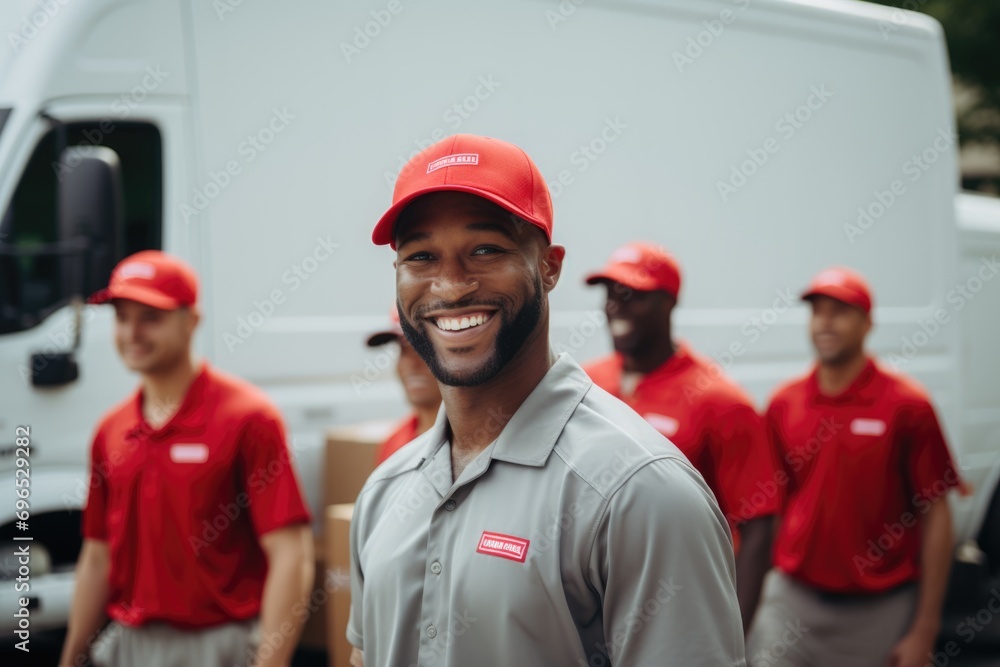 Group portrait of a delivery crew outside Group portrait of a delivery crew outside