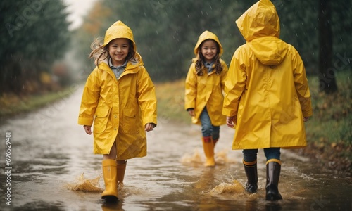 Happy smiling children in yellow raincoat and rain boots running in puddle an autumn walk  © Jasmine