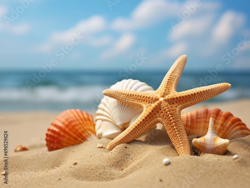 Starfish and sea shell on a sandy beach  AI generator