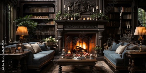 captures the charm and sophistication of a traditional interior with a touch of warmth from the fireplace 