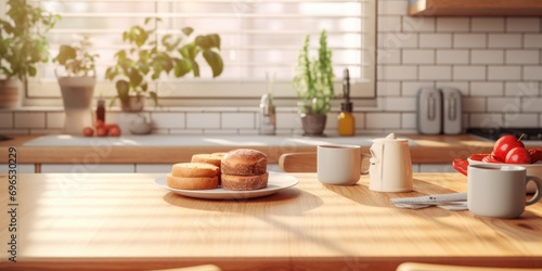 A plate of doughnuts sitting on a table in a kitchen. Perfect for food and cooking themes
