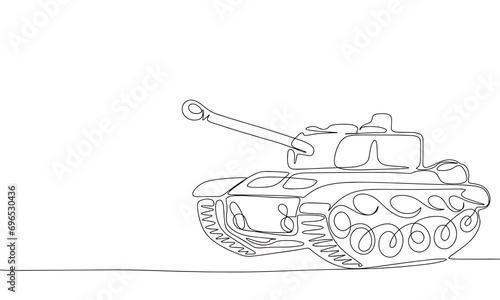 One line continuous military tank. Line art military tank outline. Hand drawn vector art.
