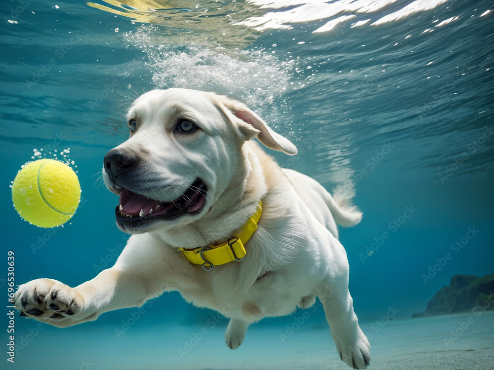 Dog swims underwater after tennis ball