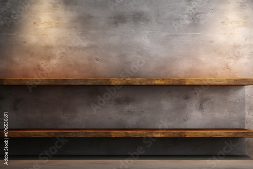 A wooden bench placed in front of a sturdy concrete wall. This image can be used to depict solitude, contemplation, or urban landscapes