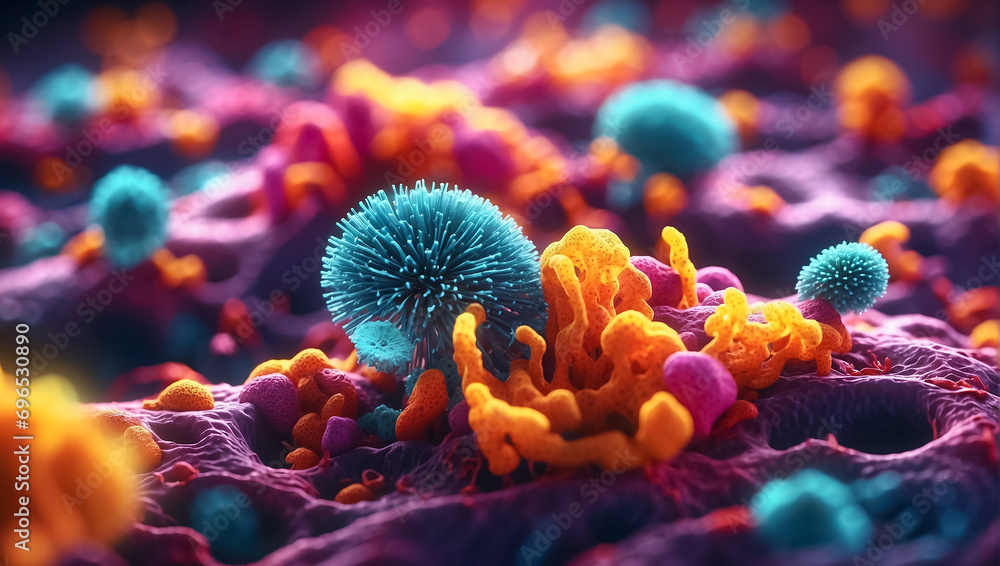 Obraz premium Multi-colored microorganisms under a microscope fungal disease