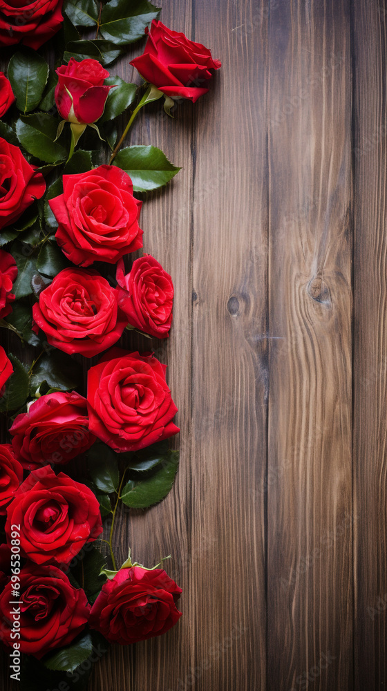 Wooden table background with red roses frame. Valentines day advertisement concept. Space for text Wooden table background with red roses frame. Valentines day advertisement concept. Space for text