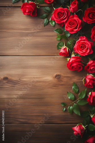 Wooden table background with red roses frame. Valentines day advertisement concept. Space for text