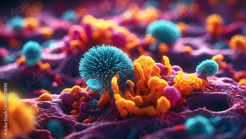 Multi-colored microorganisms under a microscope fungal disease photo