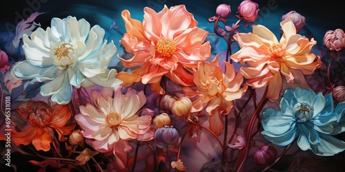 The transparency and vivid hues create a captivating and artistic representation of floral elements. 