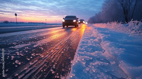 A car driving down a snow covered road. Suitable for winter driving safety tips © Fotograf