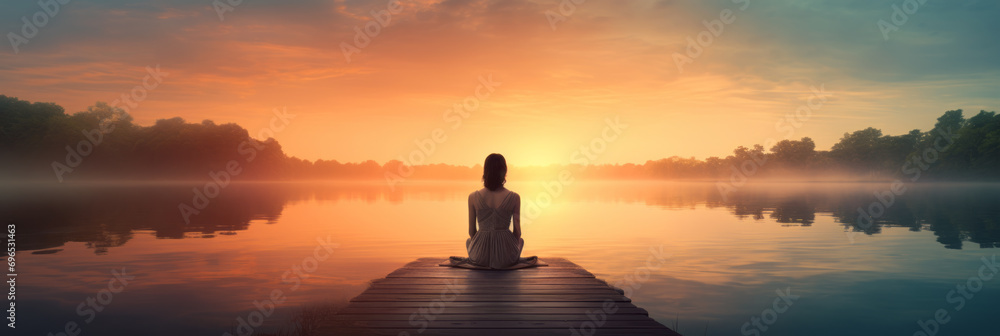 Woman meditating and doing yoga on a wooden deck by the lake in the morning. She is free to reset her mind, soul and consciousness. Concept for growth, success and goal achievement. - obrazy, fototapety, plakaty 