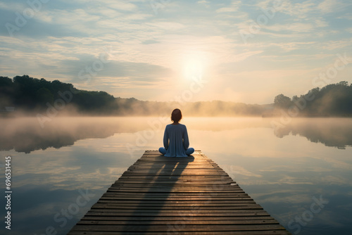 Woman meditating and doing yoga on a wooden deck by the lake in the morning. She is free to reset her mind, soul and consciousness. Concept for growth, success and goal achievement.