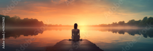 Woman meditating and doing yoga on a wooden deck by the lake in the morning. She is free to reset her mind, soul and consciousness. Concept for growth, success and goal achievement. photo