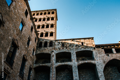 Historical architecture in Barcelona cityscape photo. Placa del Rei in Barcelona, Catalonia, Spain.