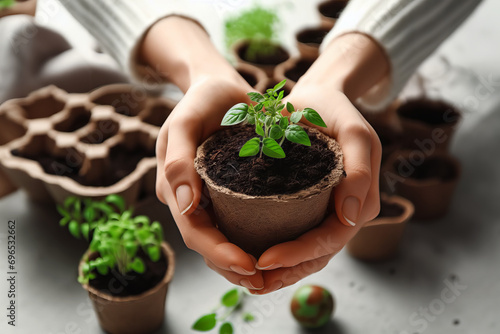 Woman in a greenhouse is planting seedlings in soil. Nearby there are garden supplies. The concept of nature conservation and agriculture.