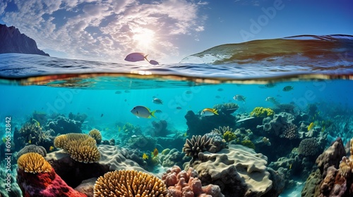 A stunning picture of corals and fish swimming in the clear blue sea