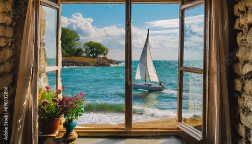 view from the window of the seashore with a sailboat on the waves