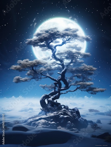 Old japanese Tree at full moon 