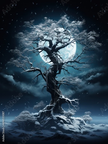 Old japanese Tree at full moon 