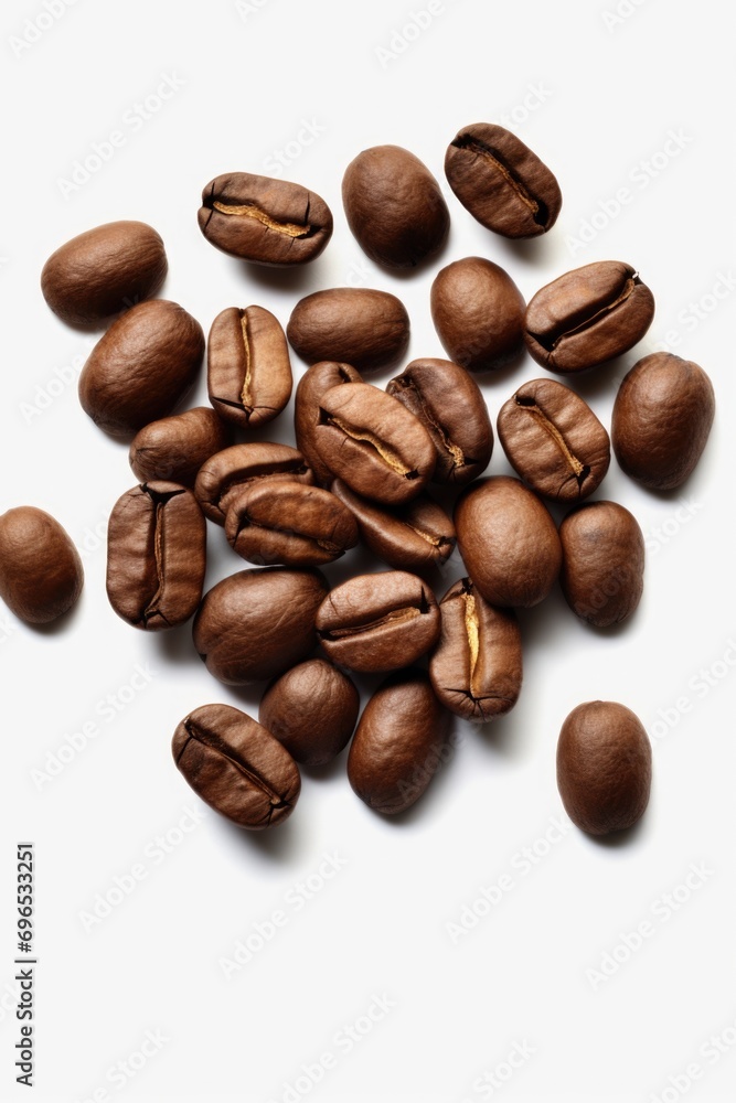 Naklejka premium A pile of coffee beans on a white surface. Suitable for coffee-related content or as a background for coffee promotions