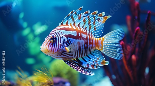 The aquarium has a close-up of exotic fish.