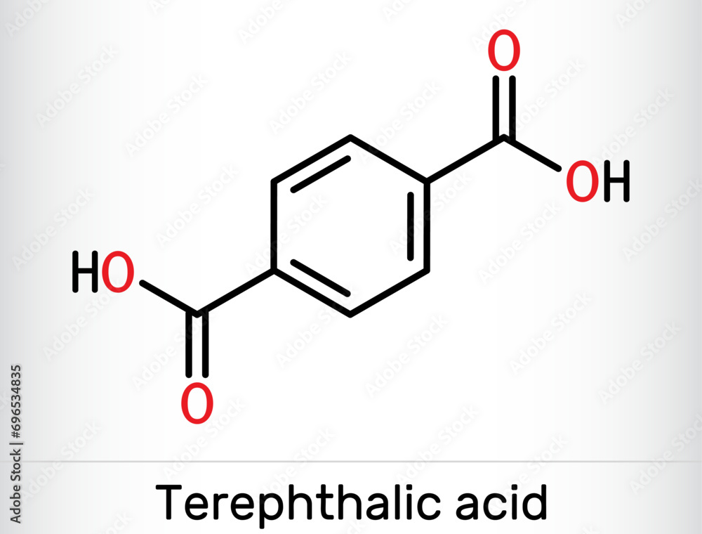 Terephthalic acid molecule. It is benzenedicarboxylic acid, precursor to the polyester PET. Skeletal chemical formula.