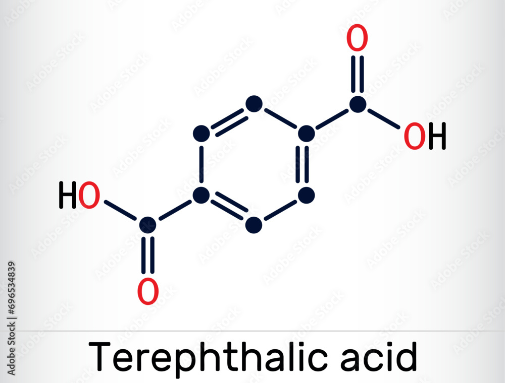 Terephthalic acid molecule. It is benzenedicarboxylic acid, precursor to the polyester PET. Skeletal chemical formula. Terephthalic acid molecule. It is benzenedicarboxylic acid, precursor to the polyester PET. Skeletal chemical formula.