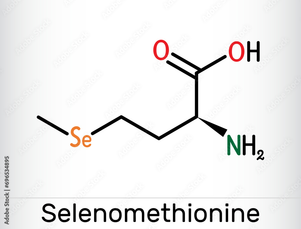 Selenomethionine molecule. It is naturally occurring amino acid. Skeletal chemical formula Selenomethionine molecule. It is naturally occurring amino acid. Skeletal chemical formula