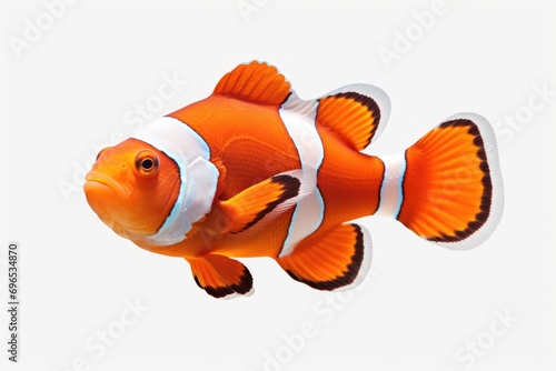 A vibrant orange and white clown fish is depicted on a clean white background. This image can be used for various purposes