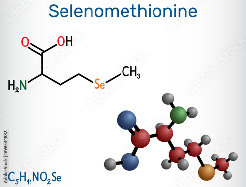 Selenomethionine molecule. It is naturally occurring amino acid. Structural chemical formula and molecule model.