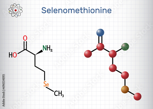 Selenomethionine molecule. It is naturally occurring amino acid. Structural chemical formula and molecule model. Sheet of paper in a cage.