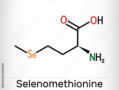 Selenomethionine molecule. It is naturally occurring amino acid. Skeletal chemical formula