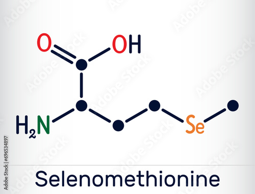 Selenomethionine molecule. It is naturally occurring amino acid. Skeletal chemical formula