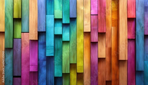 abstract geometric rainbow colors colored 3d wooden square cubes texture wall background banner illustration panorama long textured wood wallpaper generative ai photo