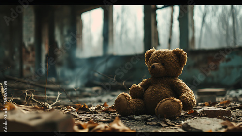 Teddy bear left behind in a Forgotten Playground, Convey the melancholic beauty of an abandoned cityscape.