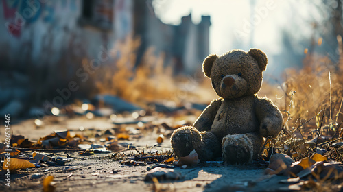 Teddy bear left behind in a Forgotten Playground, Convey the melancholic beauty of an abandoned cityscape. photo