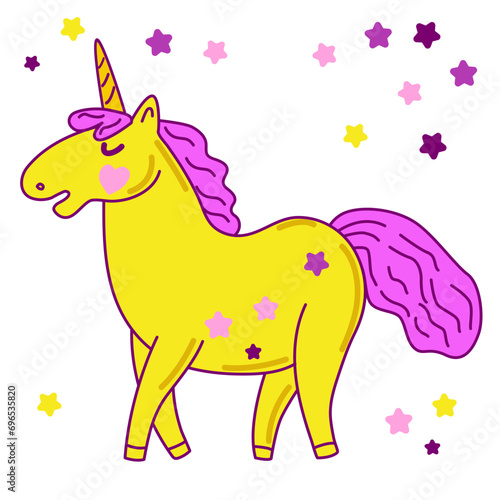 Vector illustration of cute cartoon Unicorn in doodle style Isolated on white background