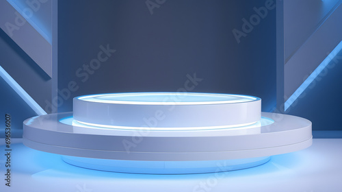 Beautiful futuristic technological light blue podium with light white CERAMIC panels for product presentation