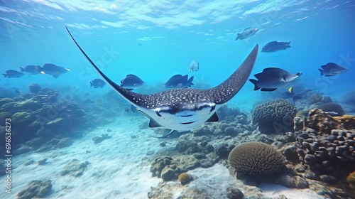 While scuba diving on the ecuador coast of galapagos, we saw black-spotted eagle rays swimming and also spotted mobula rays.