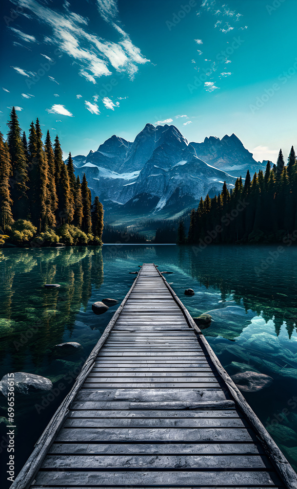 A pier by a lake in the mountains - obrazy, fototapety, plakaty 