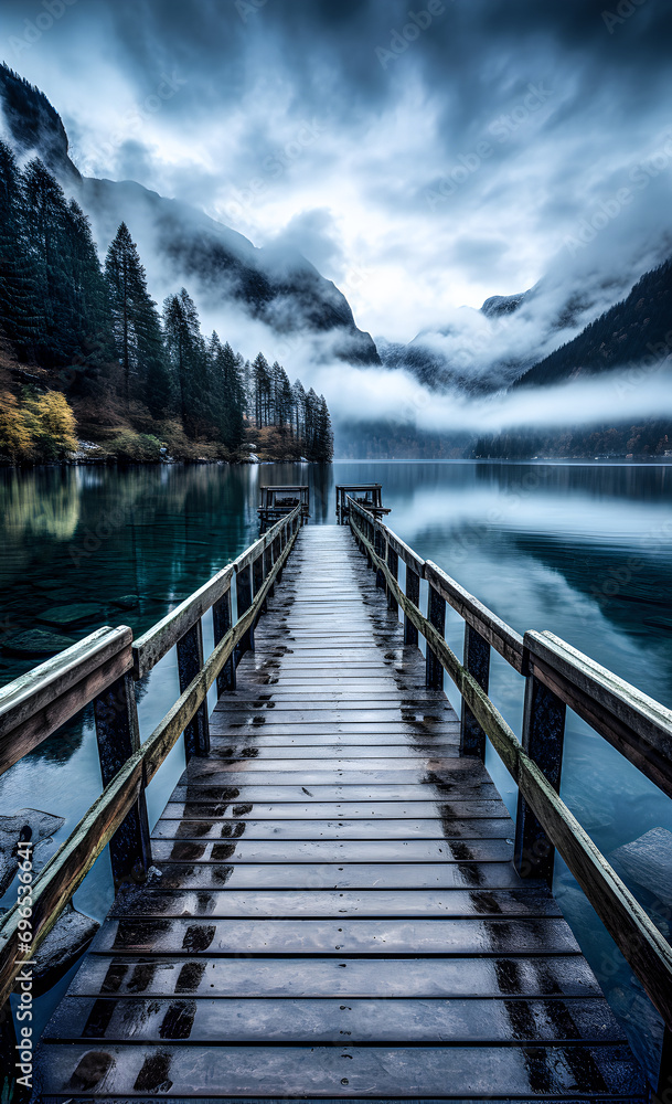 A pier by a lake in the mountains A pier by a lake in the mountains