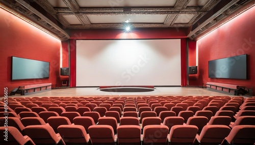 empty cinema in red color with white blank screen