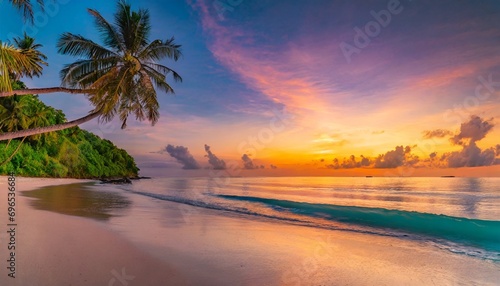 beautiful panoramic sunset tropical paradise beach tranquil summer vacation or holiday landscape tropical sunset beach seaside palm calm sea panorama exotic nature view inspirational seascape scenic