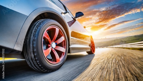 close up of wheel of fast sports car on highway high speed auto in motion blur